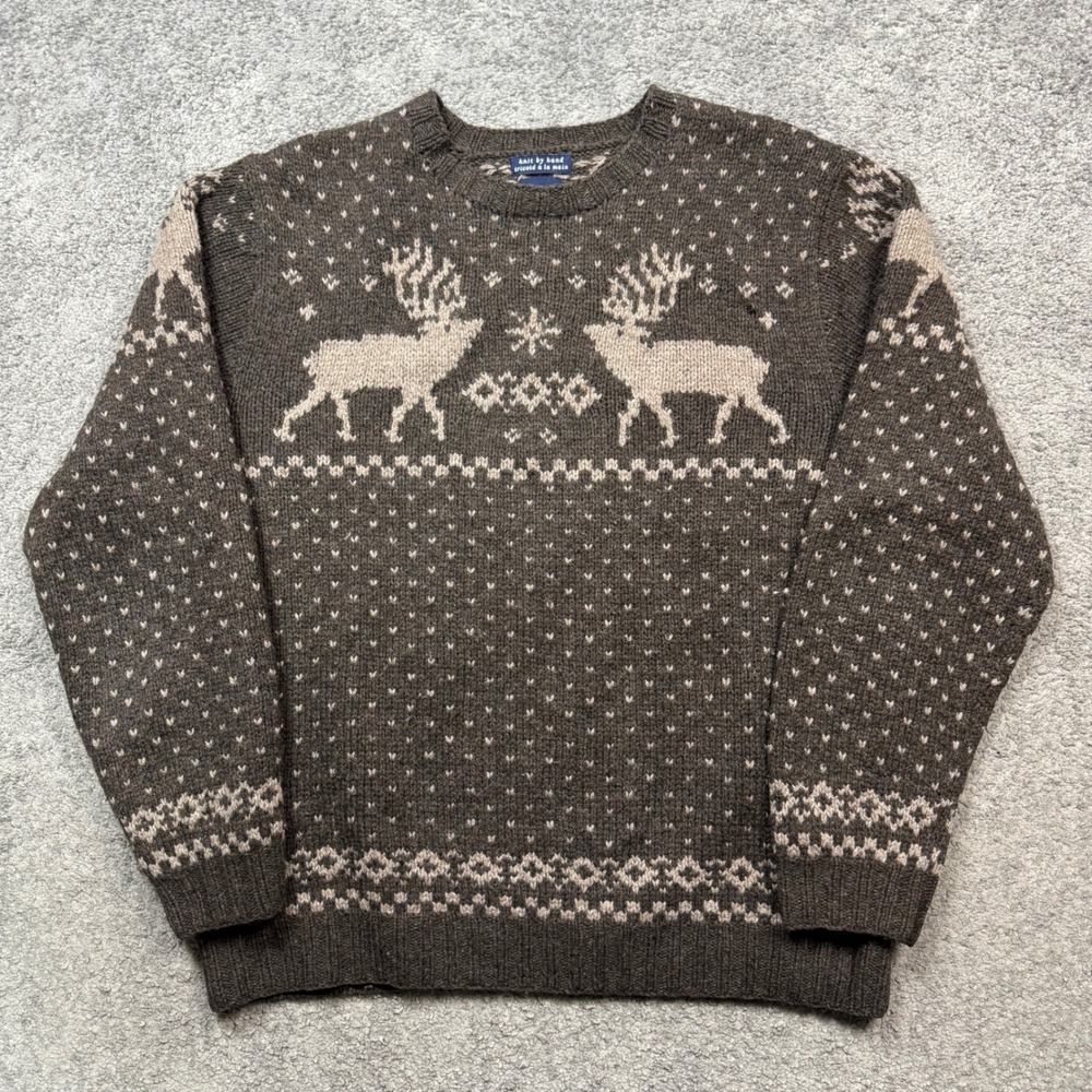Gap Vintage Reindeer Fair Isle Lambswool Sweater Brown XL Hand Knit
